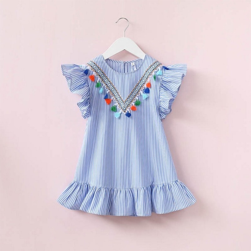 Family Matching Pompom Embroidered Striped Dress