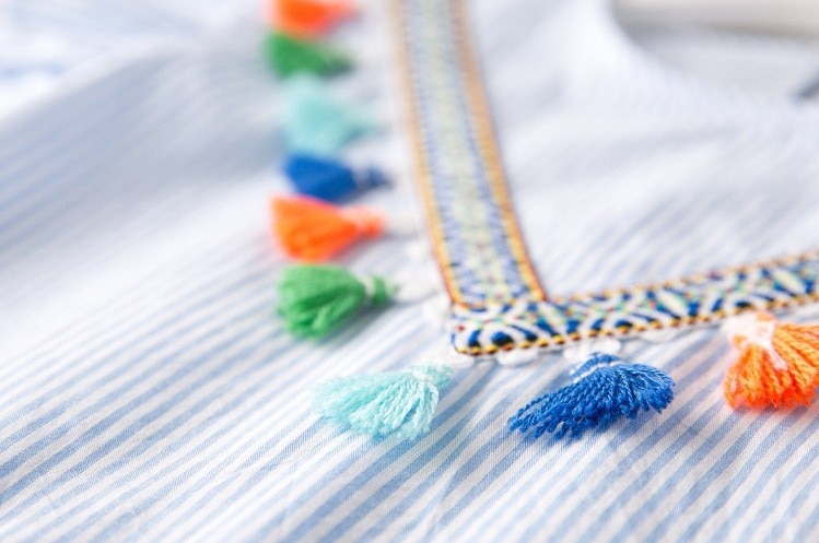 Family Matching Pompom Embroidered Striped Dress