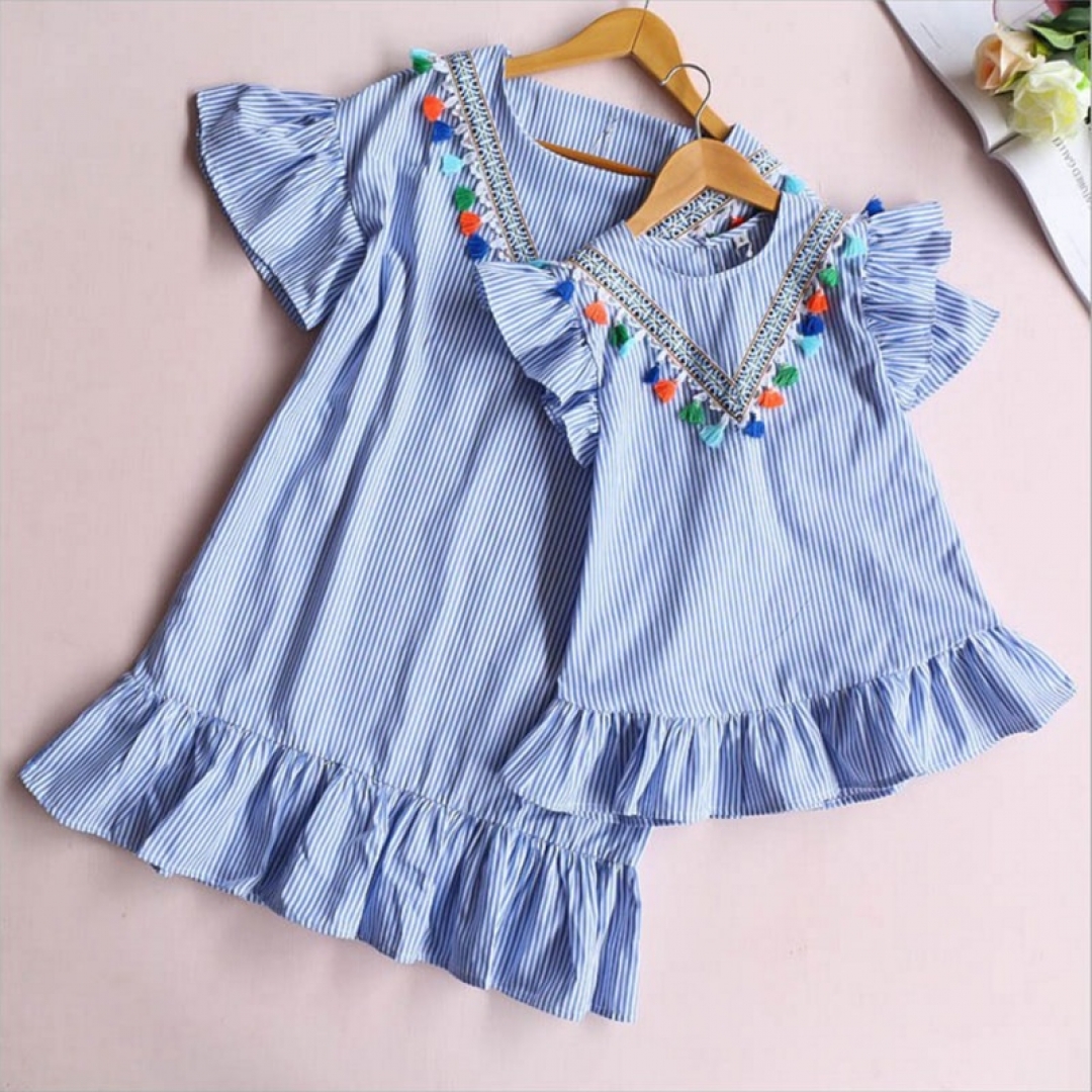 Family Matching Pompom Embroidered Striped Dress - Kid Pipe